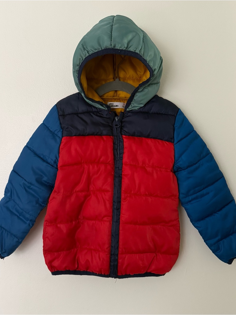 Kids Hooded Puffer Jacket - Red/Blue/Green